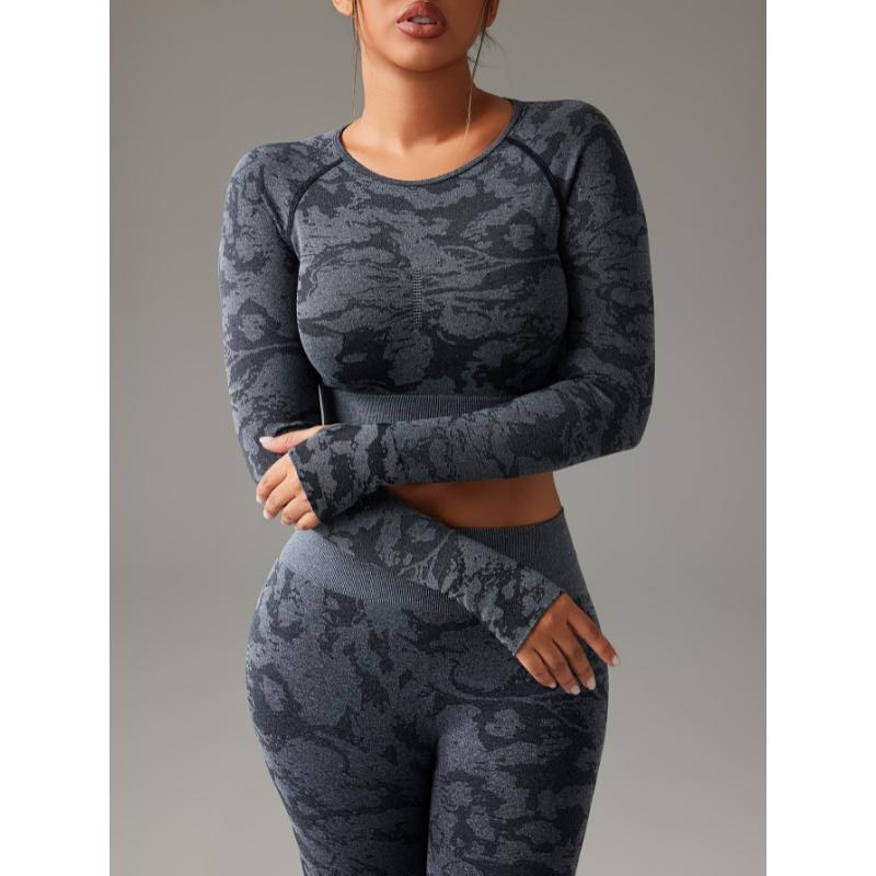 Women's Camo Seamless Yoga Set, High Waist Hip Lifting Leggings & Long Sleeve Crop Top, Moisture-Wicking Running Fitness Outfit For Fall & Winter