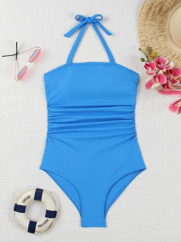 Women's Solid Ruched Tie Back Halter One-piece Swimsuit, Casual Sleeveless Swimwear for Beach Holiday Vacation, Ladies Swimsuit for All Seasons