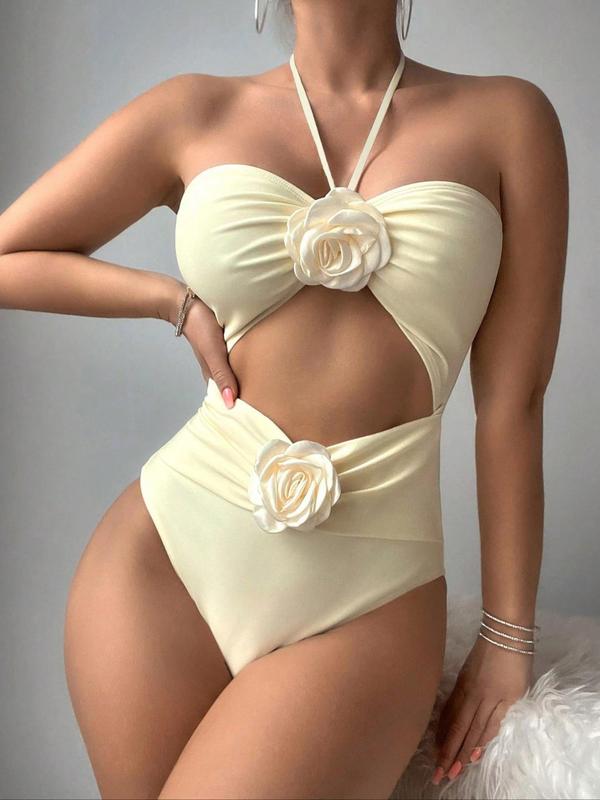 Women's Plain Flower Decor Cut Out Tie Back One-piece Swimsuit, Casual Sleeveless Backless Halter Swimwear for Summer, Ladies Swimsuit for Beach Holiday Vacation