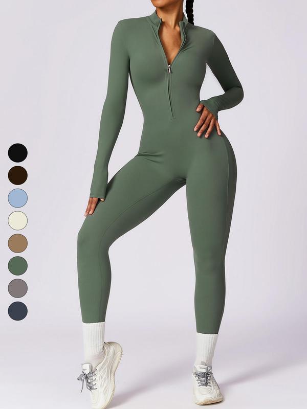 Women's Solid Zip Up Sports Jumpsuit, Long Sleeve Zip Front Jumpsuit for Yoga Gym Workout, Ladies Sportswear for Spring & Fall