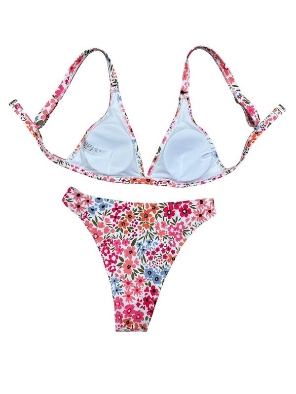 Two-Piece Set Women's All Over Floral Print Ring Linked Bikini Set, Chic Deep V Neck Swim Top & High Cut Swim Knicker, Two-Piece Swimsuit for Summer Beach Holiday Vacation