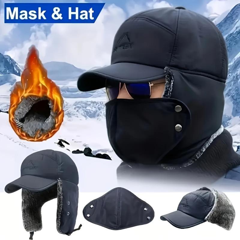 Essential Winter Warm Faux Fur Outdoor Sports Windproof Hat Set - Detachable Mask, Thick, Water-Resistant, Breathable, Adjustable Fit - Perfect for Skiing, Ice Skating, Mountain Biking, and Winter Outdoor Activities - In Stock