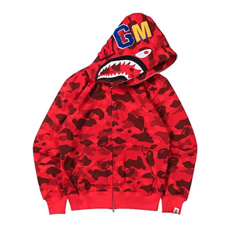 Hip Hop Fashion Brand, Japanese Style, Classic Style, Shark Camouflage Hooded Cardigan Zipper Men's and Women's Fashion Brand Hoodie Jacket, Shark Double Hat Casual Hoodie Zipper Jacket Camouflage Fashion Brand Loose Hoodie, Bape, Full Zip Sweatshirt