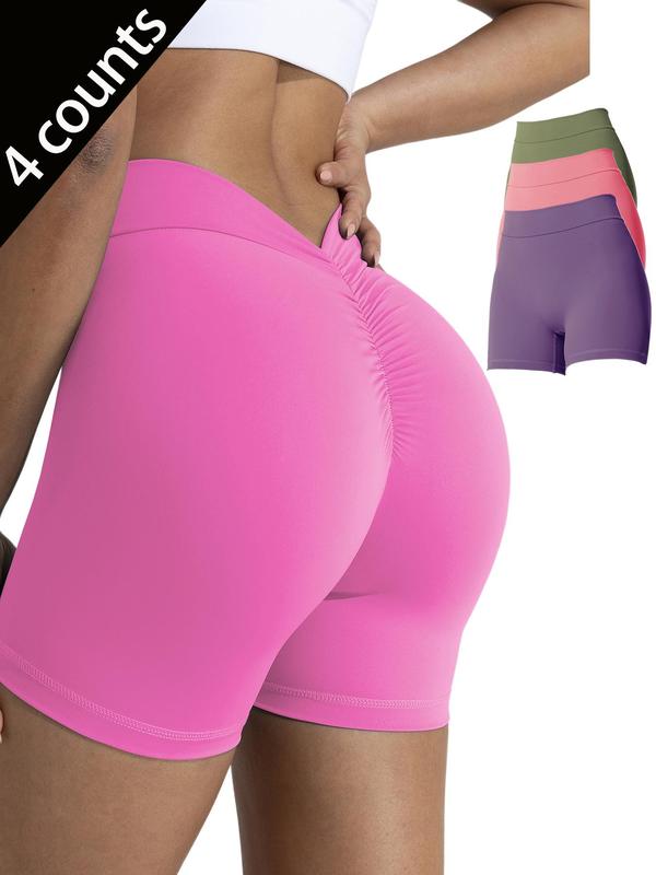 Women's Solid Ruched V-Waist Shorts, Casual Comfy Breathable Skinny Shorts for Yoga Gym Workout Running, Ladies Bottoms for All Seasons