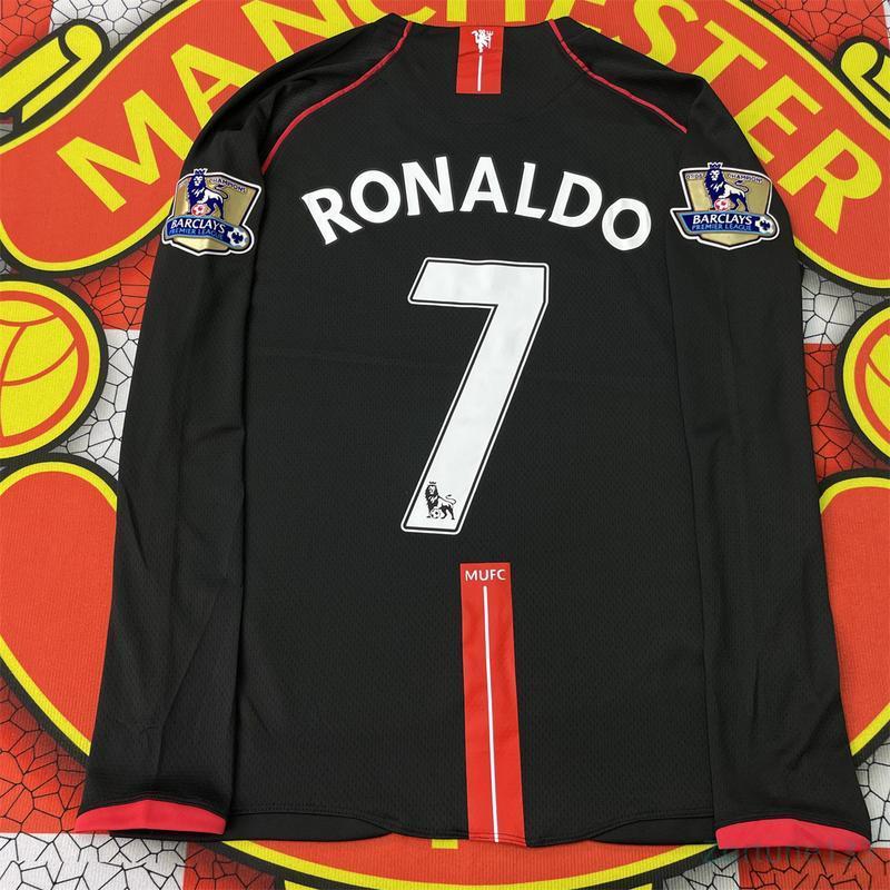 07 08 MC United Long Sleeve Shirt CR 7 Ronando Away Retro Soccer Jersey, Black Fan Version Football Jersey, Gift for Him