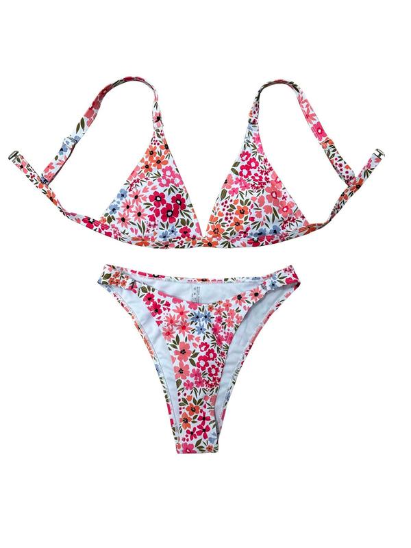 Two-Piece Set Women's All Over Floral Print Ring Linked Bikini Set, Chic Deep V Neck Swim Top & High Cut Swim Knicker, Two-Piece Swimsuit for Summer Beach Holiday Vacation