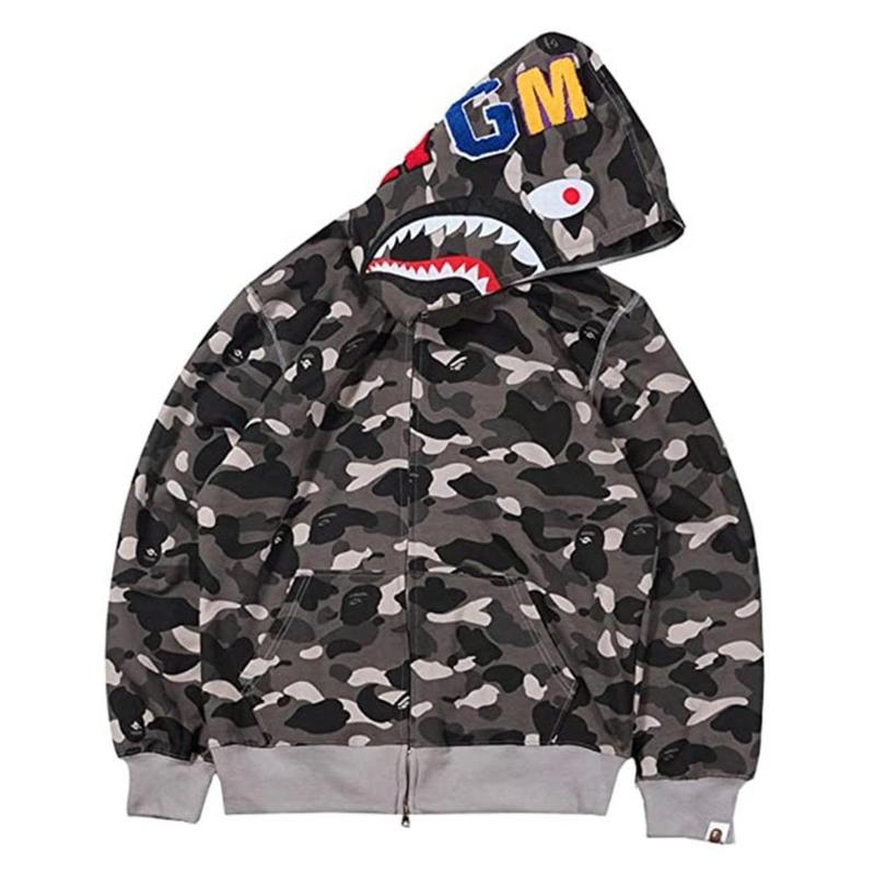 Hip Hop Fashion Brand, Japanese Style, Classic Style, Shark Camouflage Hooded Cardigan Zipper Men's and Women's Fashion Brand Hoodie Jacket, Shark Double Hat Casual Hoodie Zipper Jacket Camouflage Fashion Brand Loose Hoodie, Bape, Full Zip Sweatshirt