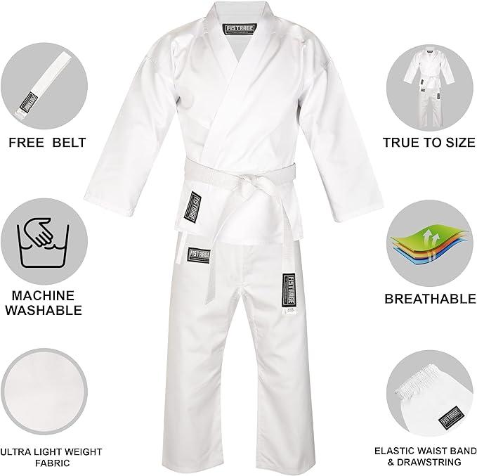 FISTRAGE Karate Gi 8 oz Lightweight Uniform with Belt Soft Poly Cotton Blend Fabric for Martial Arts Beginner Training Suit