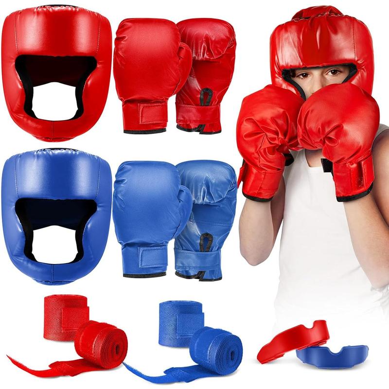 12 counts Kids Boxing Equipment Set Including Boxing Helmet and Gloves Hand Wraps Sport MouthGuards Taekwondo Sparring Gear for Beginners Kids and Children Ages 6-18 Years