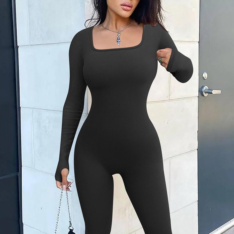 Women's Long Sleeve Square Neck Yoga Jumpsuit Fitness Jumpsuit Ribbed Tight Slim Fit Athletic Jumpsuit Indoor Yoga Jumpsuit