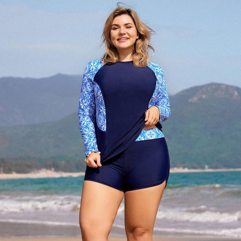 Hanna Nikole Women's Plus Size Sun Protection Long Sleeve Two Piece Swimsuit with Boys Shorts UPF 50 Swimsuit