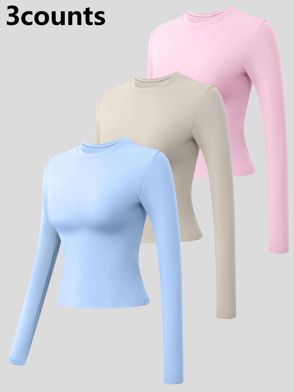 Women's Solid Long Sleeve Sports Tee, Casual Comfy Round Neck T-shirt for Yoga Gym Workout Running, Ladies Sportswear for All Seasons