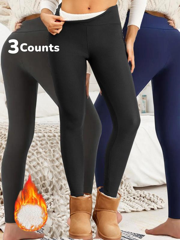 Women's Solid High Waist Thermal Lined Sports Leggings, Casual Comfy Warm Skinny Pants for Yoga Gym Workout, Ladies Sportswear for Fall & Winter