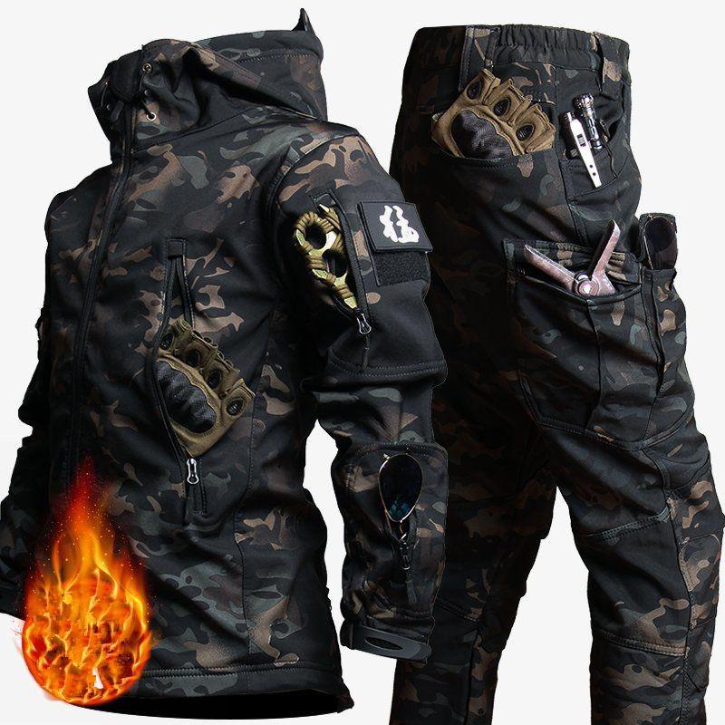 Tactical Winter Set Men's Outdoor Windproof Waterproof Suit Multi-Pocket Soft Shell Hooded Jackets Sharkskin Work Pants