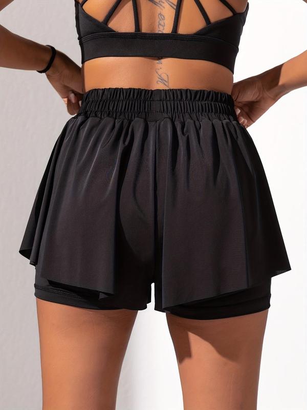 Women's 2 in 1 Drawstring High Waist Sports Shorts, Gym Shorts, Solid Pocket Wide Leg Shorts with Liner for Yoga Gym Workout Running, Summer Outfits, Ladies Sportswear for Summer