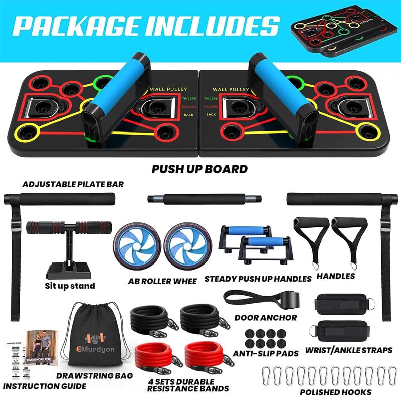 Emurdyon multifunctional fitness kit: includes a sit-up stand, resistance bands, Pilates bar, ab roller wheel, and various other accessories.