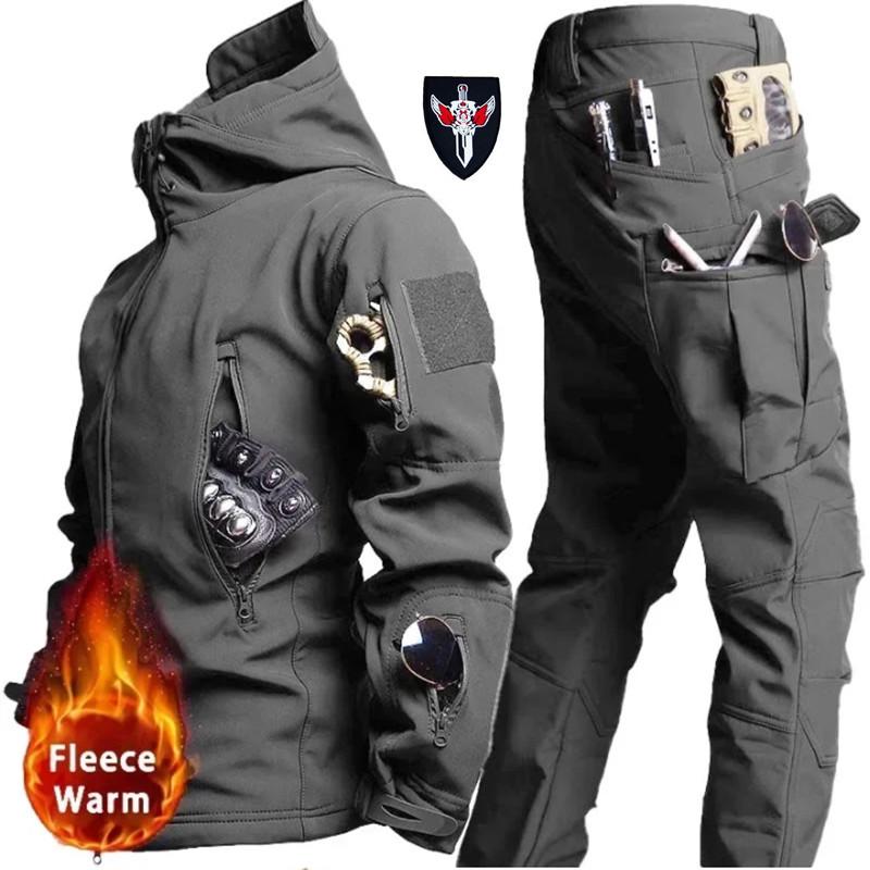 Tactical Winter Set Men's Outdoor Windproof Waterproof Suit Multi-Pocket Soft Shell Hooded Jackets Sharkskin Work Pants