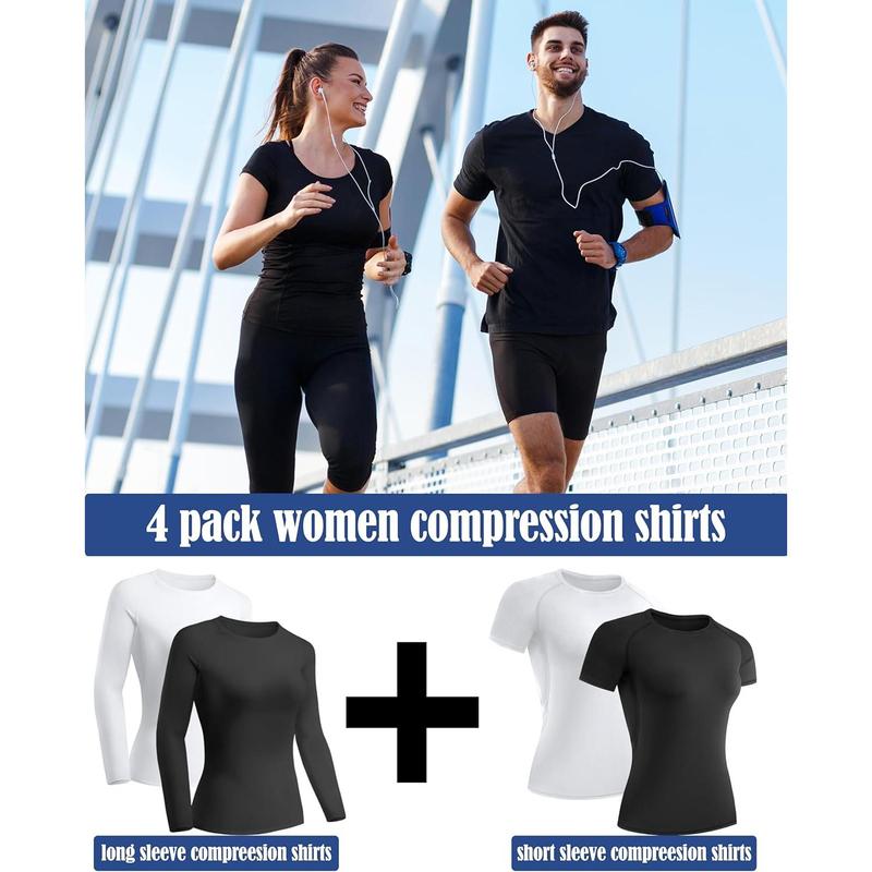 4 Pack Women's Shirt Long Short Sleeve Performance Workout Baselayer Athletic Top Gym Sports Gear