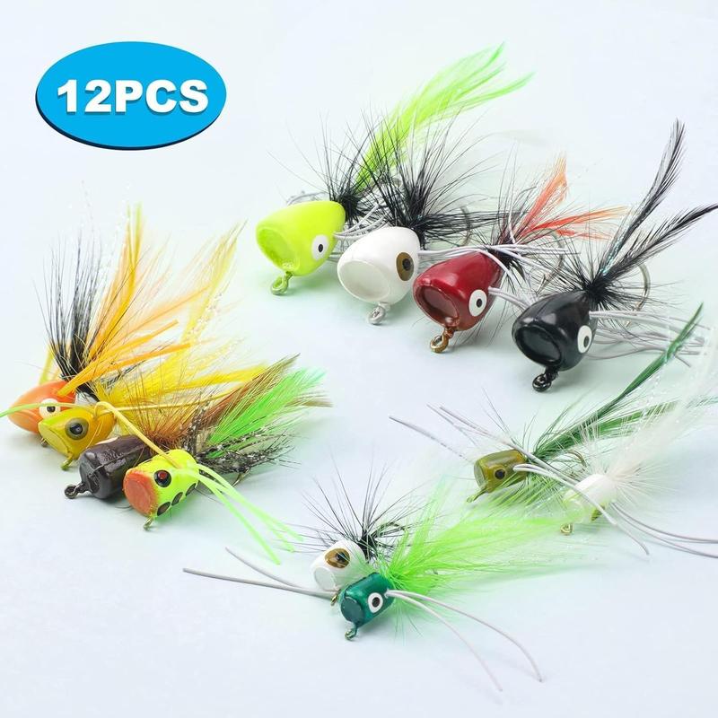 12 count Fly Fishing Popper Flies, Fly Popper Lures Bass Panfish Bluegill Crappie Popping  Sunfish Trout Salmon Poppers Flys Kit for Fly Fishing