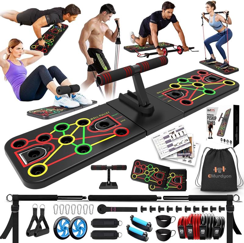 Emurdyon multifunctional fitness kit: includes a sit-up stand, resistance bands, Pilates bar, ab roller wheel, and various other accessories.