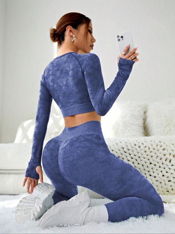 Two-Piece Set Women's Camo Print Long Sleeve Raglan Sleeve Crop Top & High Waist Leggings Tracksuit Set, Sporty Comfy Breathable Outfits for Yoga Gym Workout Running, Ladies Sportswear for All Seasons