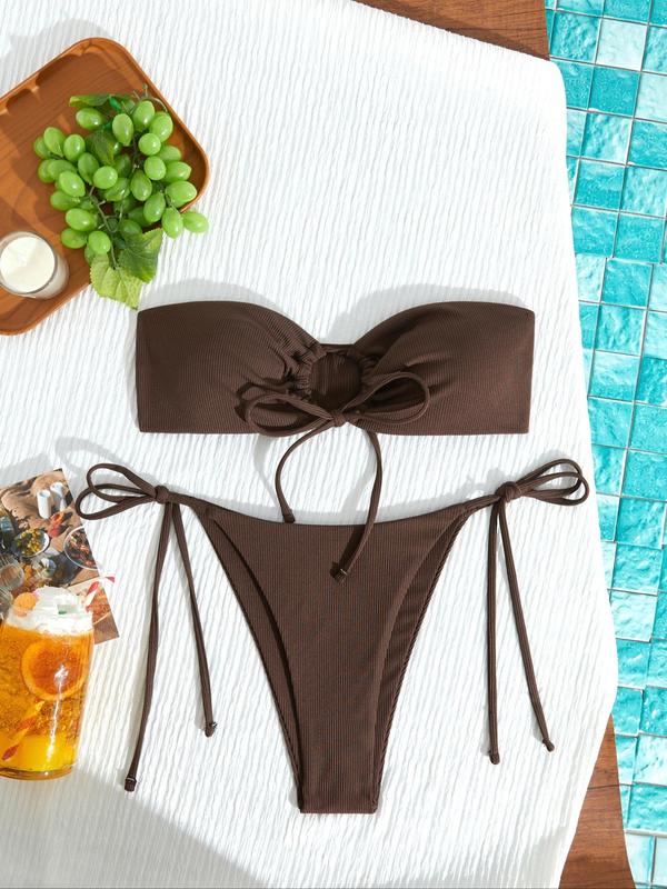 Three-Piece Set Women's Solid Ruched Bikinis Set, Casual Halter Tie Back Swim Top & Ruched Cut Out Swim Top & Tie Side Swim Bottom Swimwear Set, Ladies Summer Swimsuit for Beach Holiday Vacation