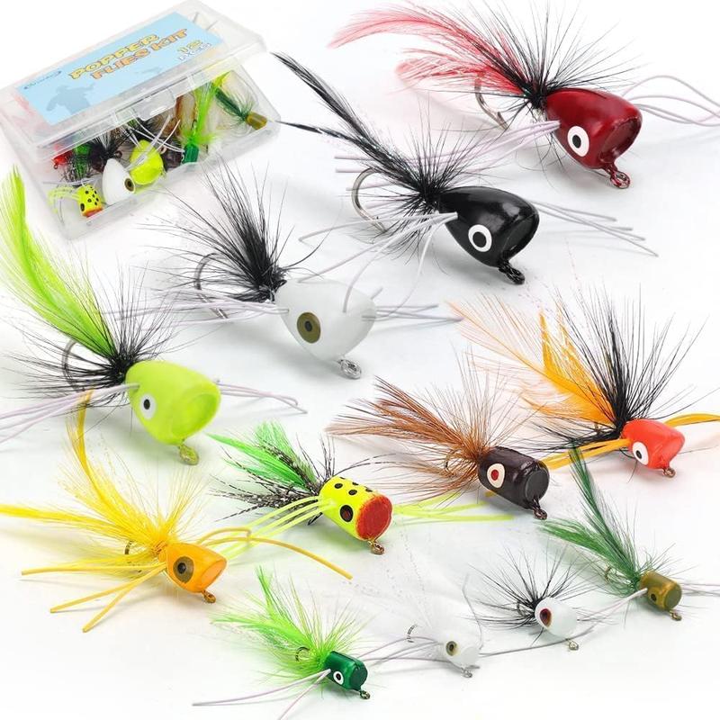 12 count Fly Fishing Popper Flies, Fly Popper Lures Bass Panfish Bluegill Crappie Popping  Sunfish Trout Salmon Poppers Flys Kit for Fly Fishing