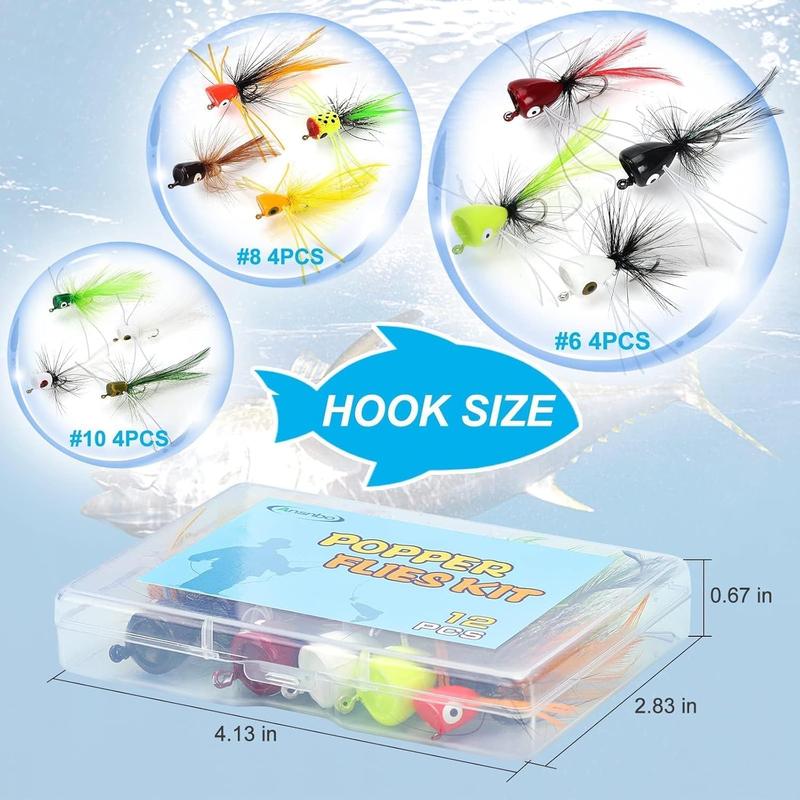 12 count Fly Fishing Popper Flies, Fly Popper Lures Bass Panfish Bluegill Crappie Popping  Sunfish Trout Salmon Poppers Flys Kit for Fly Fishing