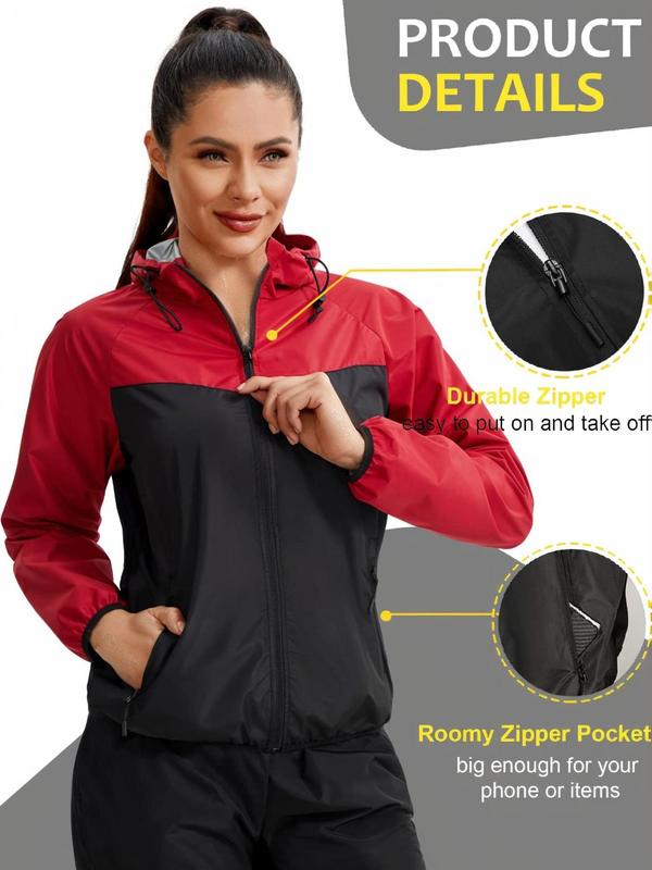 Women's Colorblock Zip Up Hooded Sports Sauna Jacket, Airport Outfits 2024, Sporty Drawstring Pocket Zipper Outerwear for Gym Workout Running, Ladies Sportswear for All Seasons, Fall Outfits, Fallfreshness