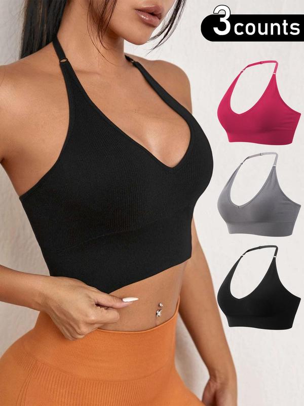 Women's Solid Backless Halter Sports Bra, Adjustable Strap Seamless Padded Backless Bralette, Ladies Sportswear for Indoor Outdoor Wear