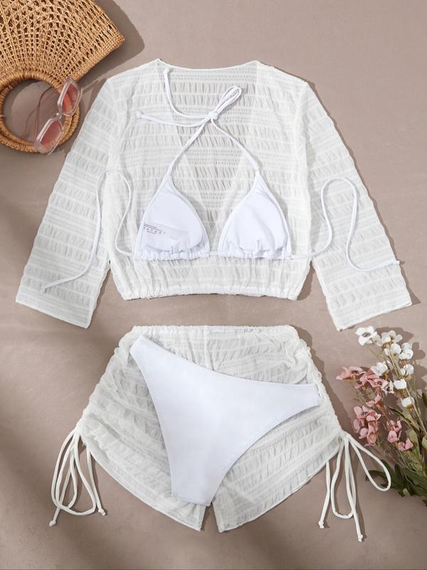 Two-piece Set Women's Solid Textured Bikini Set, Casual Deep V Neck Cover Up Top & Drawstring Shorts & Halter Triangle Swim Bra & Swim Panty, Ladies Summer Swimsuit