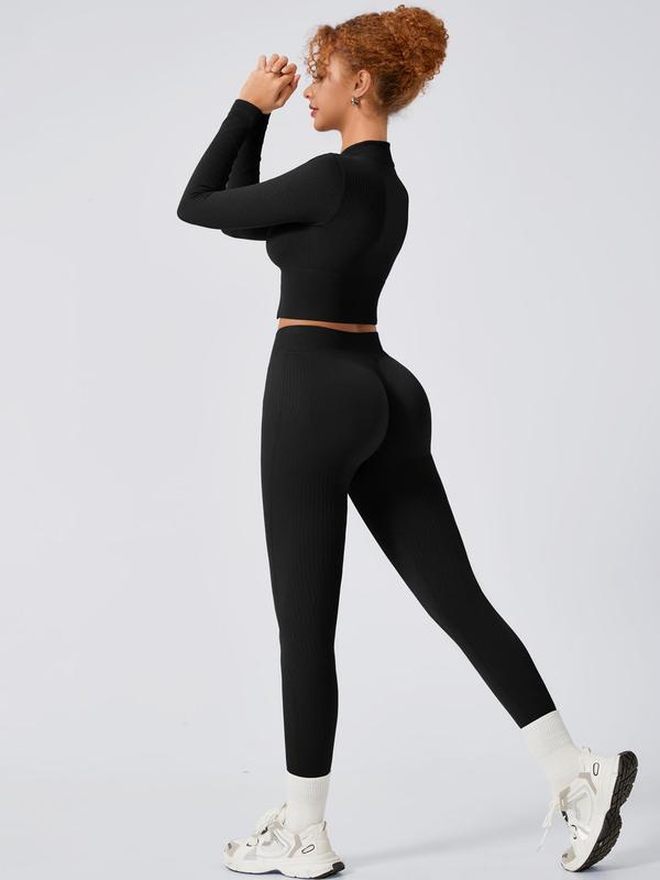 Two-Piece Set Women's Solid Zip Up Crop Jacket & High Waist Leggings Tracksuit Set, Sporty Long Sleeve Top & Skinny Pants for Gym Fitness Yoga, Ladies Sportswear