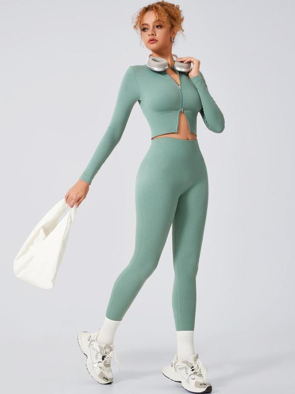 Two-Piece Set Women's Solid Zip Up Crop Jacket & High Waist Leggings Tracksuit Set, Sporty Long Sleeve Top & Skinny Pants for Gym Fitness Yoga, Ladies Sportswear