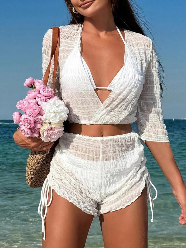 Two-piece Set Women's Solid Textured Bikini Set, Casual Deep V Neck Cover Up Top & Drawstring Shorts & Halter Triangle Swim Bra & Swim Panty, Ladies Summer Swimsuit