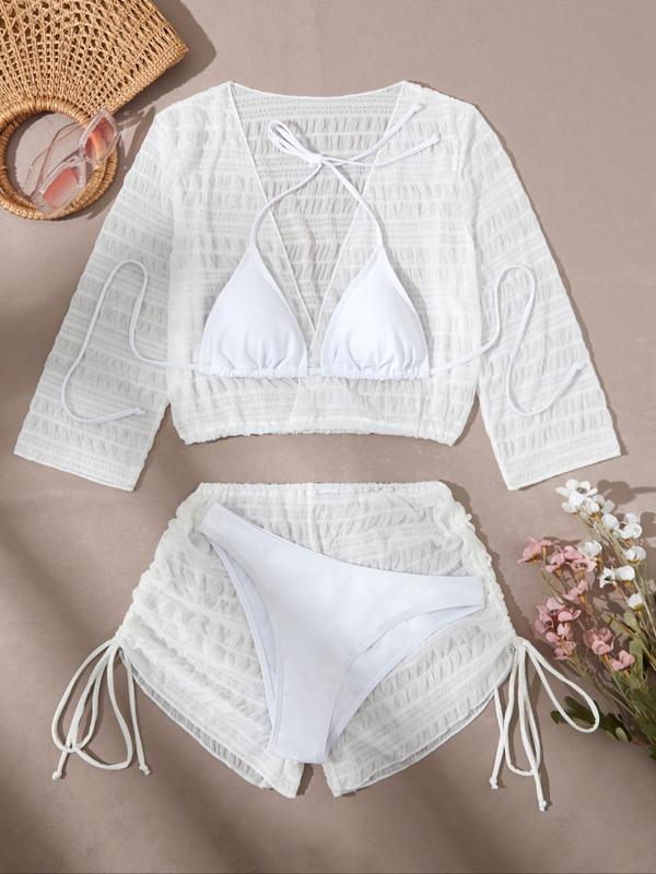 Two-piece Set Women's Solid Textured Bikini Set, Casual Deep V Neck Cover Up Top & Drawstring Shorts & Halter Triangle Swim Bra & Swim Panty, Ladies Summer Swimsuit