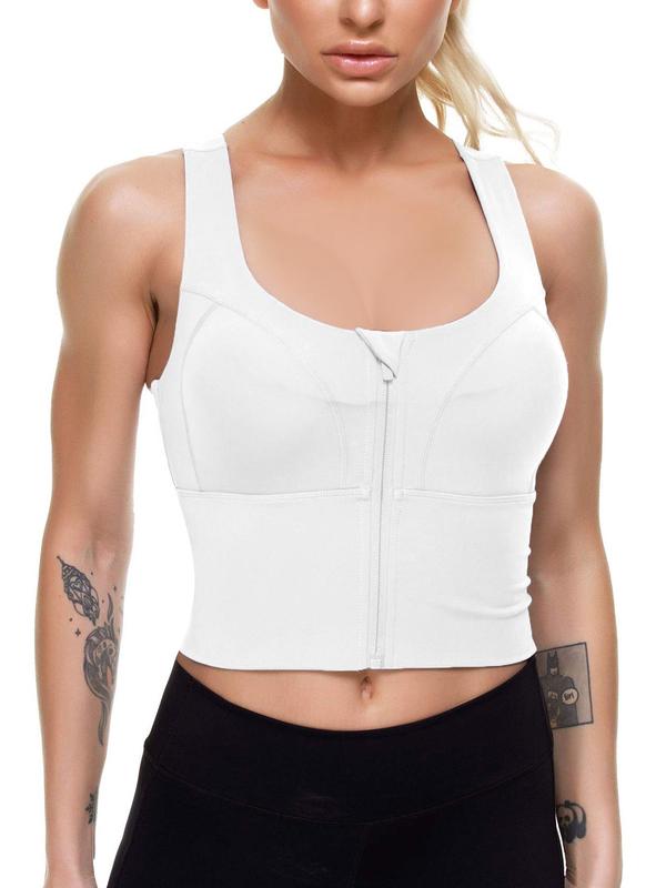 Women's Solid Criss Cross Zipper Crop Sports Bra, Breathable Comfortable Sports Bra, Ladies Sportswear for Indoor Outdoor Wear