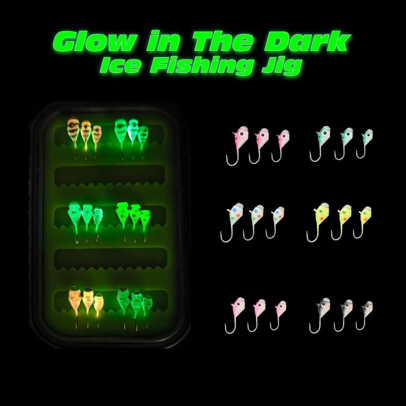 Tungsten Jigs, 18 27Pcs Tungsten Ice Fishing Jigs Kit for Panfish 3.2 4 5mm Glow in Dark Teardrop Ice Fishing Lure Jigs with Two-Sided Jig Box Assortment