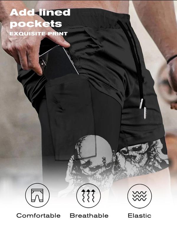 Sporty Men's Skull Print 2-IN-1 Drawstring Waist Sports Shorts, Regular Fit Breathable Pocket Elastic Waist Shorts for Summer, Men's Sportswear for Gym Workout Running