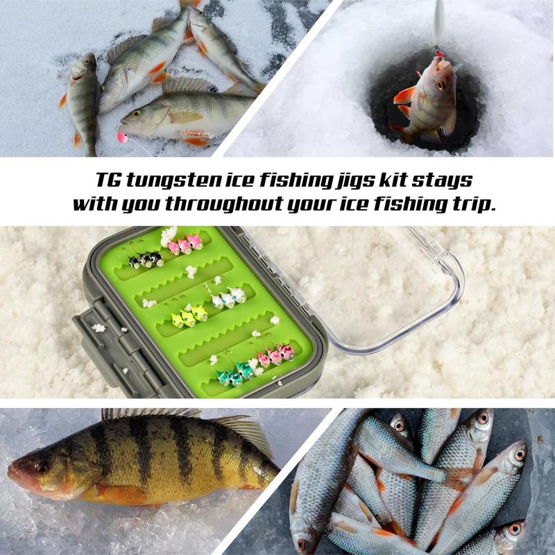 Tungsten Jigs, 18 27Pcs Tungsten Ice Fishing Jigs Kit for Panfish 3.2 4 5mm Glow in Dark Teardrop Ice Fishing Lure Jigs with Two-Sided Jig Box Assortment