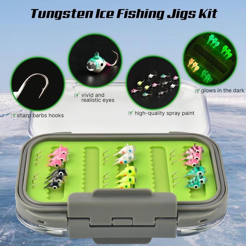 Tungsten Jigs, 18 27Pcs Tungsten Ice Fishing Jigs Kit for Panfish 3.2 4 5mm Glow in Dark Teardrop Ice Fishing Lure Jigs with Two-Sided Jig Box Assortment