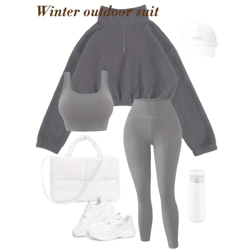 3 Piece Set Women's Sportswear, Soft Knitted Fabric, High-Waisted Trousers and Sports Bra, Half Zip Plush Jacket, Fall Winter Fitness Suit (No Accessories)