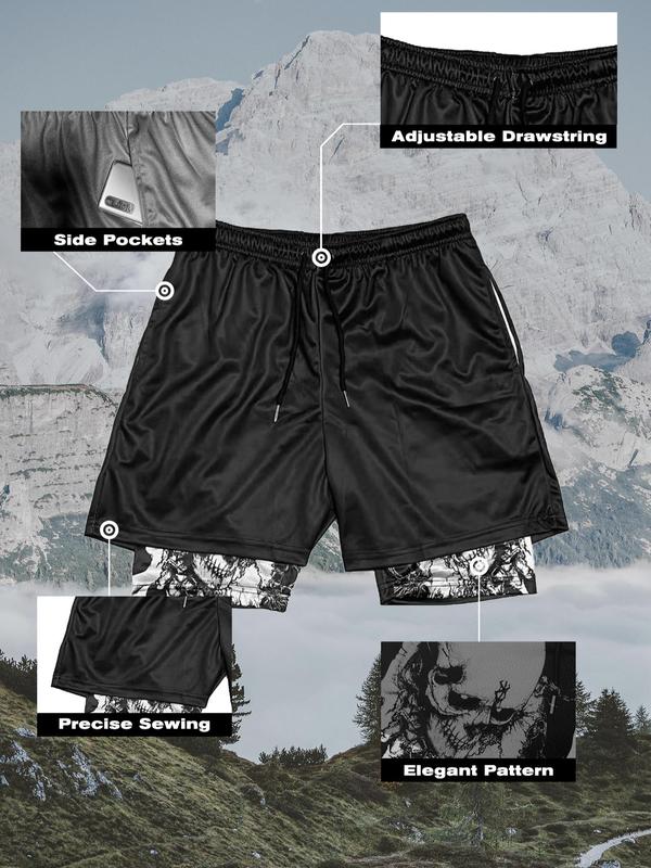 Sporty Men's Skull Print 2-IN-1 Drawstring Waist Sports Shorts, Regular Fit Breathable Pocket Elastic Waist Shorts for Summer, Men's Sportswear for Gym Workout Running