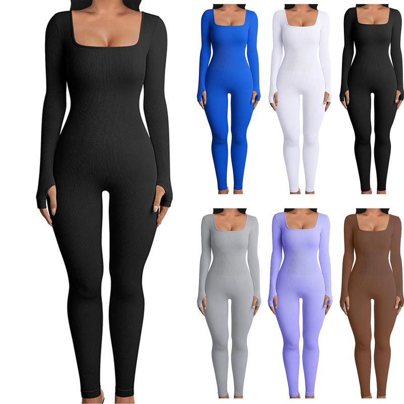 Arsoxy Women Yoga Jumpsuits Workout Ribbed Bodysuit Square Neck Bodycon Long Sleeve Sport Jumpsuit