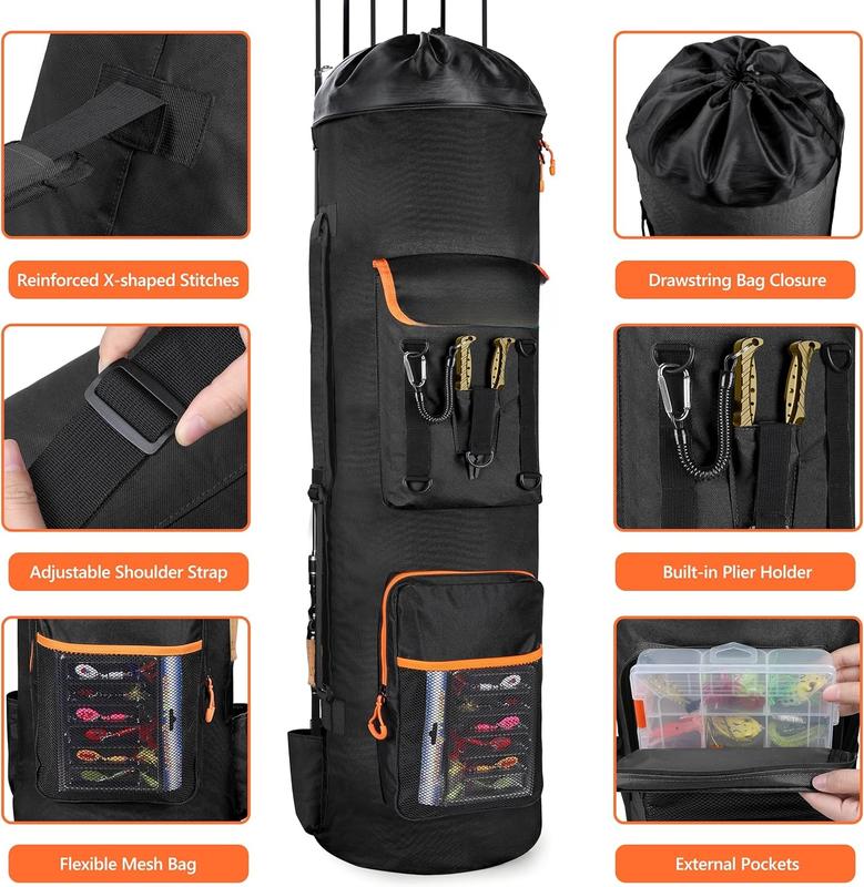 Fishing Backpack with Rod Holders, Large Storage Fishing Tackle Bag Holds 6 Rods & Reels, Foldable Fishing Rod Bag Case for Fishing Gear Equipment, Fishing Gifts for Men, Black