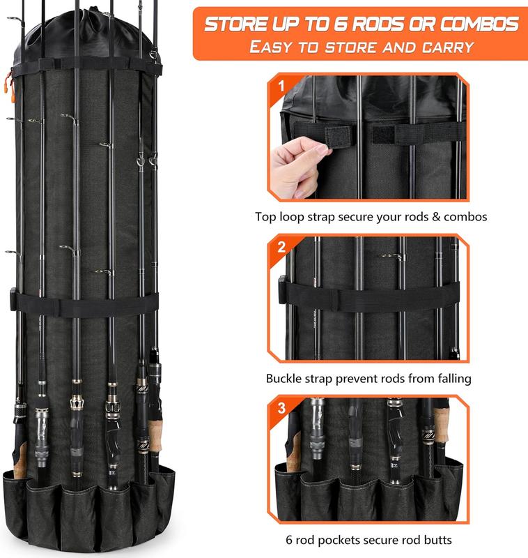 Fishing Backpack with Rod Holders, Large Storage Fishing Tackle Bag Holds 6 Rods & Reels, Foldable Fishing Rod Bag Case for Fishing Gear Equipment, Fishing Gifts for Men, Black