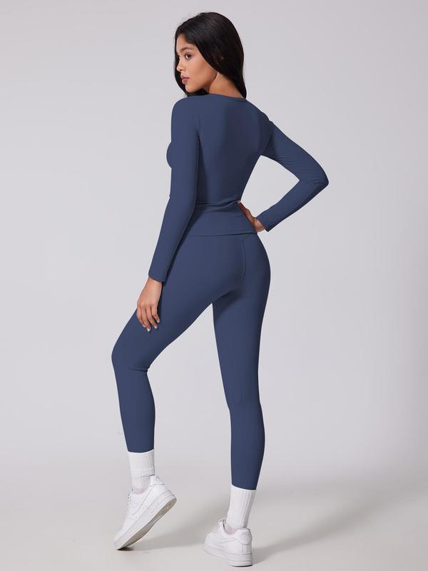 Women's Solid Long Sleeve Tee & High Waist Leggings Tracksuit Set, Sporty Breathable Comfy for Yoga Gym Workout Running, Ladies Sportswear for Fall & Winter