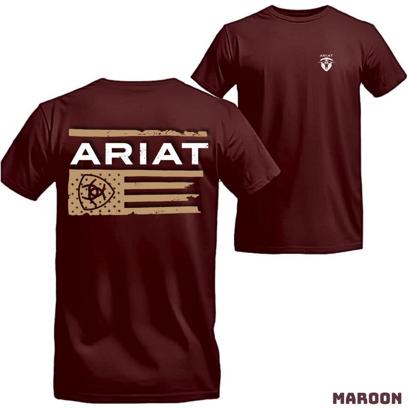 Ariat T-shirt - Designed with American flag pattern and Ariat logo, youthful and dynamic style, high quality and cool material. Suitable for sports and daily activities. Unisex Tops