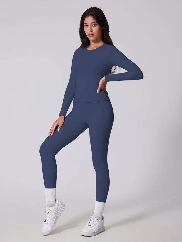 Women's Solid Long Sleeve Tee & High Waist Leggings Tracksuit Set, Sporty Breathable Comfy for Yoga Gym Workout Running, Ladies Sportswear for Fall & Winter