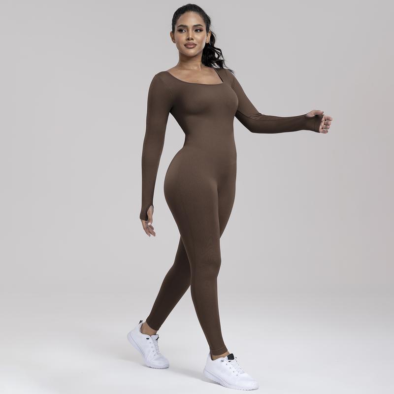 Arsoxy Women Yoga Jumpsuits Workout Ribbed Bodysuit Square Neck Bodycon Long Sleeve Sport Jumpsuit