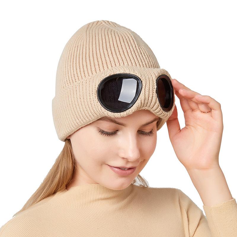 Winter Beanie Hat with Goggles, Unisex - Unisex Solid Color Knitted Hat, Ski, Outdoor Sports Hat, Warm Windproof Hat，（Hat circumference：55-59cm） Bluetooth Rechargeable